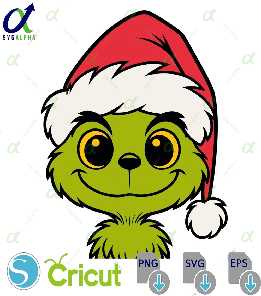 Baby Grinch Christmas Svg Cute Grinch Face With Santa Hat Funny Holiday Clipartvector Png For Cricut Sublimation